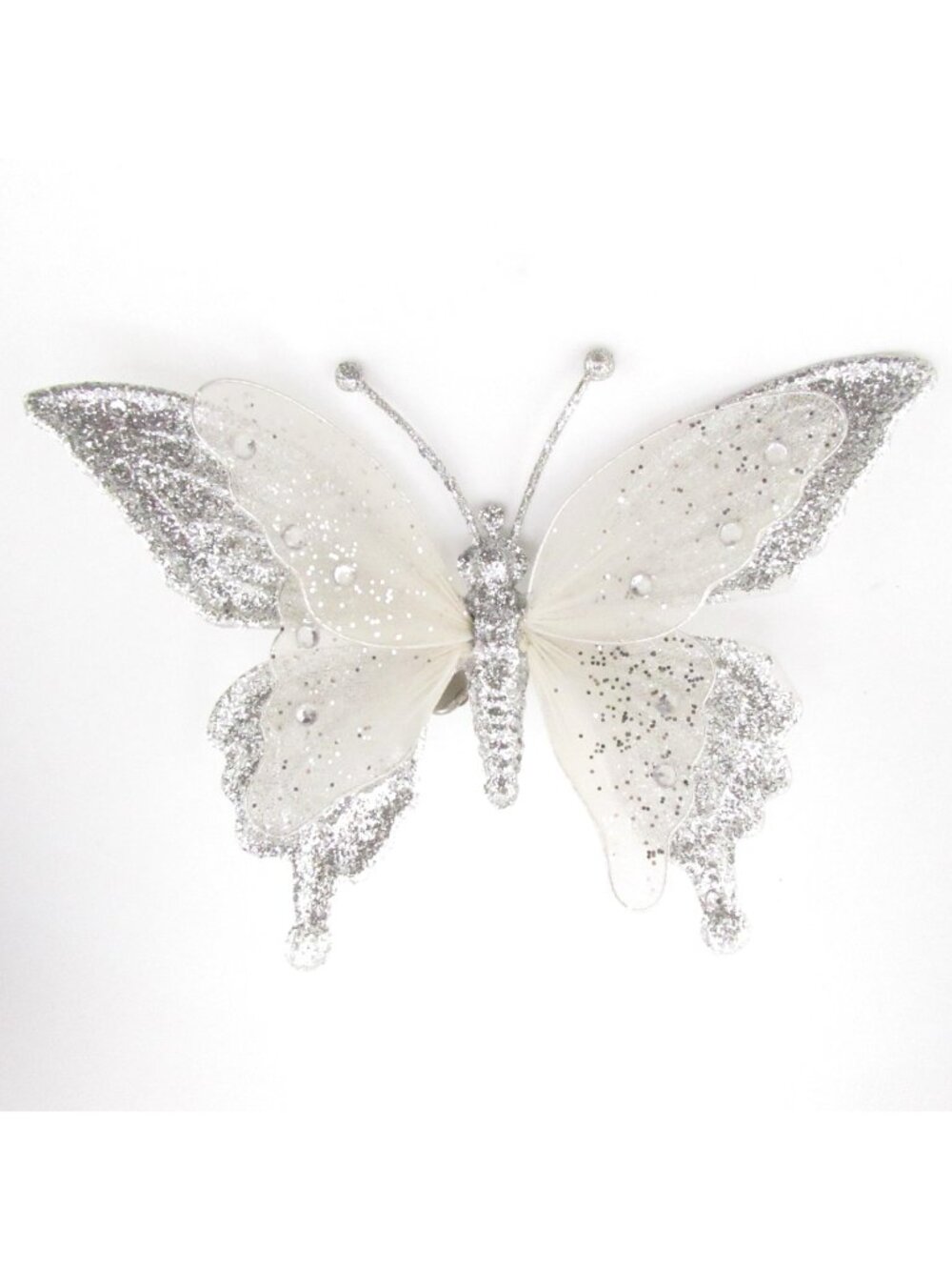 Vintage Icy Silver Glitter Net Butterfly Clipon Christmas Holiday Ornament Decor